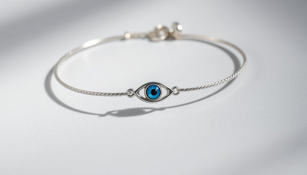 A 925 silver bracelet with a delicate Turkish eye charm, resting on a soft gray background. The bracelet's surface reflects the light, creating a mesmerizing shimmer. The Turkish eye, a symbol of protection, is rendered in intricate details, its blue hues complementing the silver's elegance. The composition emphasizes the bracelet's craftsmanship and the captivating charm, creating a sense of sophistication and allure. The lighting is soft and diffused, highlighting the piece's refined elegance. This image perfectly captures the essence of the "Turkish eye bracelet" section, showcasing a timeless and desirable accessory.