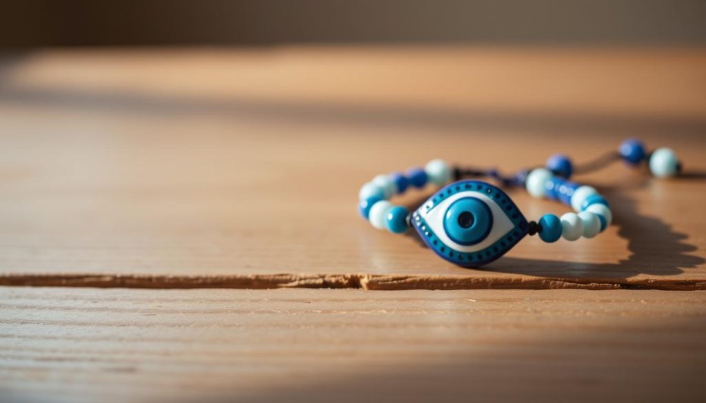 A Turkish evil eye bracelet resting on a serene, wooden surface. The bracelet's vibrant blue and white hues emanate a mystical, calming aura, as if imbued with a protective energy. Soft, diffused lighting from the side casts gentle shadows, highlighting the intricate patterns and textures of the beads. The bracelet is the central focus, occupying the foreground, while the background fades into a blurred, neutral tone, allowing the talisman to take center stage. The overall atmosphere is one of tranquility, inviting the viewer to pause and connect with the potential power of this traditional amulet.