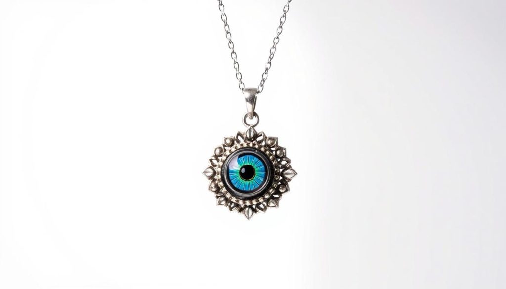 A beautifully crafted sterling silver necklace with a stunning Turkish evil eye amulet pendant. The eye is intricately detailed, with shades of deep blue, rich gold, and bright white creating a mesmerizing focal point. The pendant hangs gracefully from a delicate chain, casting a soft, warm glow under natural light. The overall design exudes a sense of cultural sophistication and timeless elegance, perfect for accessorizing a variety of outfits. The scene is captured in a clean, minimalist studio setting with a plain white backdrop, allowing the necklace to take center stage and showcase its captivating beauty.