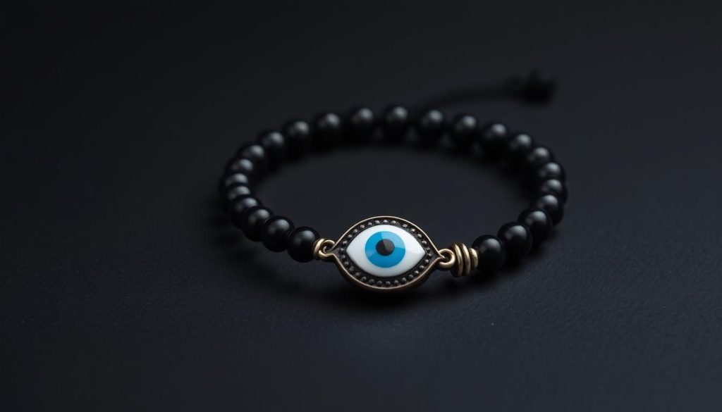 A black Turkish evil eye bracelet resting on a dark, minimalist background. The bracelet is prominently displayed, its intricate design and polished onyx beads capturing the eye. Soft, directional lighting accentuates the bracelet's tactile quality and the deep, saturated colors. The overall mood is one of quiet strength and understated elegance, reflecting the section's focus on the bracelet's materials, craftsmanship, and care.