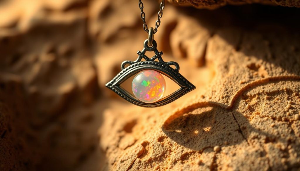 A captivating Turkish eye-shaped pendant with a vibrant opal center, glimmering against a backdrop of warm, earthy tones. The pendant is suspended on a delicate metal chain, casting a soft, ethereal glow. The opal's fiery hues dance with the light, radiating an aura of mysticism and allure. The composition is framed by a serene, textured environment, allowing the pendant to take center stage and showcase its mesmerizing beauty. Soft shadows and highlights accentuate the pendant's contours, creating depth and dimensionality. This image evokes a sense of ancient wisdom, elegance, and the captivating power of the natural world.