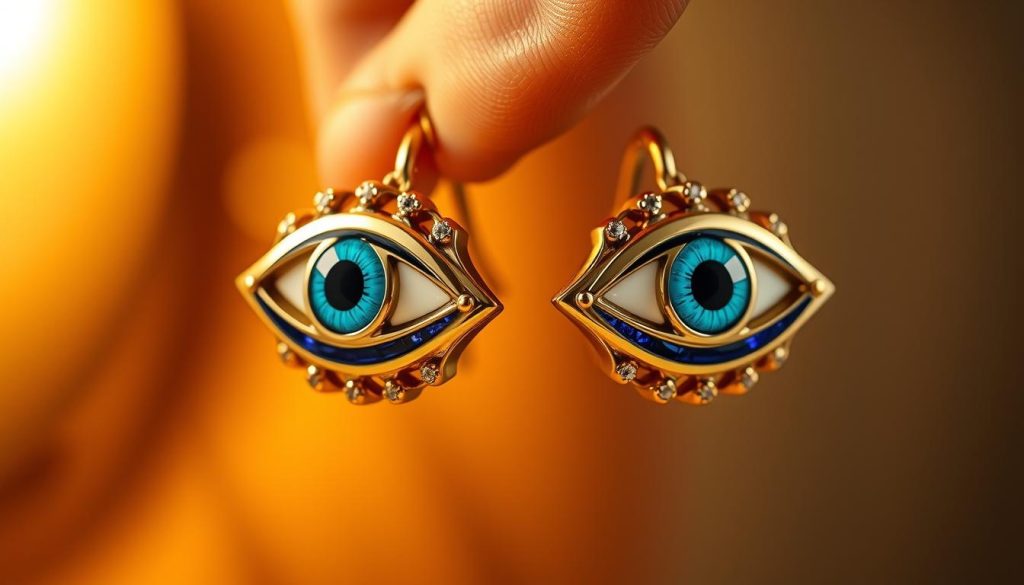 A captivating pair of huggie earrings in the shape of the iconic Turkish eye symbol. The focal point, the eye motif, is rendered in intricate detail, with striking hues of deep blue, vibrant turquoise, and shimmering gold accents. The earrings are crafted from high-quality materials, with a sleek, polished finish that catches the light and adds an elegant, luxurious touch. The middle ground showcases the earrings' curved, embracing form, hugging the earlobe in a comfortable, secure fit. In the background, a softly blurred, warm-toned setting suggests an intimate, personal atmosphere, allowing the captivating eye design to take center stage. Dramatic lighting casts gentle shadows, highlighting the earrings' dimensional quality and the symbolism of the Turkish eye motif.