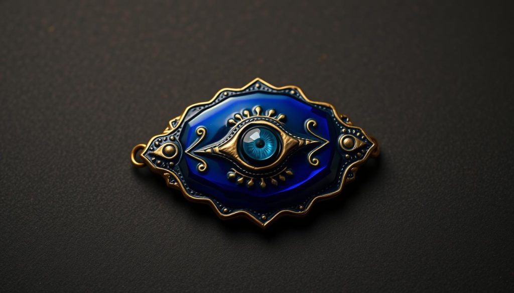 A carefully crafted, intricate Turkish eye amulet resting on a dark, smooth surface. The amulet is a deep, rich blue hue, adorned with delicate gold accents and a bold central eye motif. Soft, warm lighting from above casts subtle shadows, highlighting the amulet's ornate details and dimensional qualities. The background is a muted, earthy tone, allowing the amulet to be the central focus. The overall mood is one of tranquility, mysticism, and the protective power of this ancient talisman. A carefully crafted, intricate Turkish eye amulet resting on a dark, smooth surface. The amulet is a deep, rich blue hue, adorned with delicate gold accents and a bold central eye motif. Soft, warm lighting from above casts subtle shadows, highlighting the amulet's ornate details and dimensional qualities. The background is a muted, earthy tone, allowing the amulet to be the central focus. The overall mood is one of tranquility, mysticism, and the protective power of this ancient talisman.