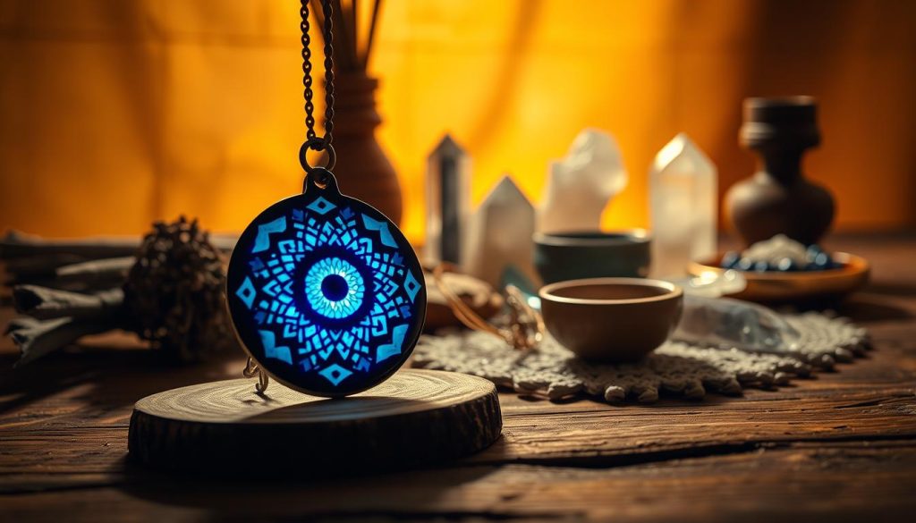 A ceremonial still life featuring a Turkish evil eye amulet, surrounded by ritual items. In the foreground, the amulet is displayed on a wooden surface, its intricate blue and white design casting a mesmerizing glow. In the middle ground, an array of natural elements - sage bundles, quartz crystals, and a small ceramic bowl - create a calming, meditative atmosphere. The background is softly lit, with warm, golden tones that evoke a sense of ancient mysticism. The lighting is directional, casting dramatic shadows and highlights that accentuate the textures and forms of the objects. The composition is balanced and harmonious, guiding the viewer's eye through the ritualistic scene.