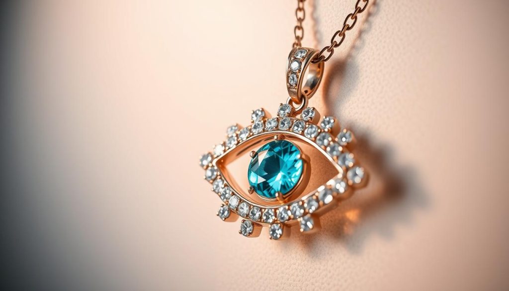 A close-up, high-resolution photograph of a Turkish eye necklace pendant, showcasing its intricate details. The pendant features a captivating eye-shaped design, with a vibrant turquoise-colored stone at the center, surrounded by a halo of shimmering cubic zirconia gems that catch the light and refract it into a dazzling display. The pendant is positioned against a softly blurred, neutral background, allowing the exquisite craftsmanship and mesmerizing gemstones to take center stage. The lighting is soft and diffused, creating a warm, inviting atmosphere that emphasizes the pendant's luxurious and elegant appearance. The camera angle is slightly elevated, giving the viewer a sense of admiration and appreciation for the beautiful, eye-catching details that make this Turkish eye necklace pendant a true standout piece. A close-up, high-resolution photograph of a Turkish eye necklace pendant, showcasing its intricate details. The pendant features a captivating eye-shaped design, with a vibrant turquoise-colored stone at the center, surrounded by a halo of shimmering cubic zirconia gems that catch the light and refract it into a dazzling display. The pendant is positioned against a softly blurred, neutral background, allowing the exquisite craftsmanship and mesmerizing gemstones to take center stage. The lighting is soft and diffused, creating a warm, inviting atmosphere that emphasizes the pendant's luxurious and elegant appearance. The camera angle is slightly elevated, giving the viewer a sense of admiration and appreciation for the beautiful, eye-catching details that make this Turkish eye necklace pendant a true standout piece.
