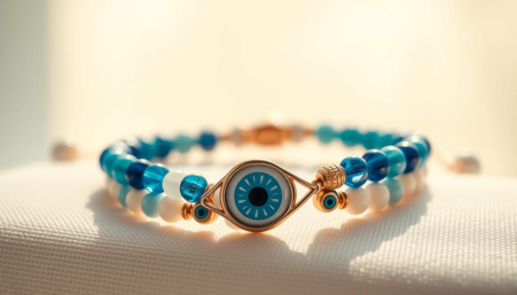 A close-up, high-resolution photograph of a beautiful Turkish evil eye bracelet against a soft, diffused background. The bracelet is made of delicate beads in shades of blue, white, and gold, with the iconic eye symbol prominently displayed. The lighting is warm and natural, highlighting the intricate details and the subtle textures of the materials. The composition emphasizes the bracelet's graceful curves and the mesmerizing gaze of the eye charm, creating a sense of elegance, protection, and cultural significance. The overall mood is serene, inviting, and visually captivating.