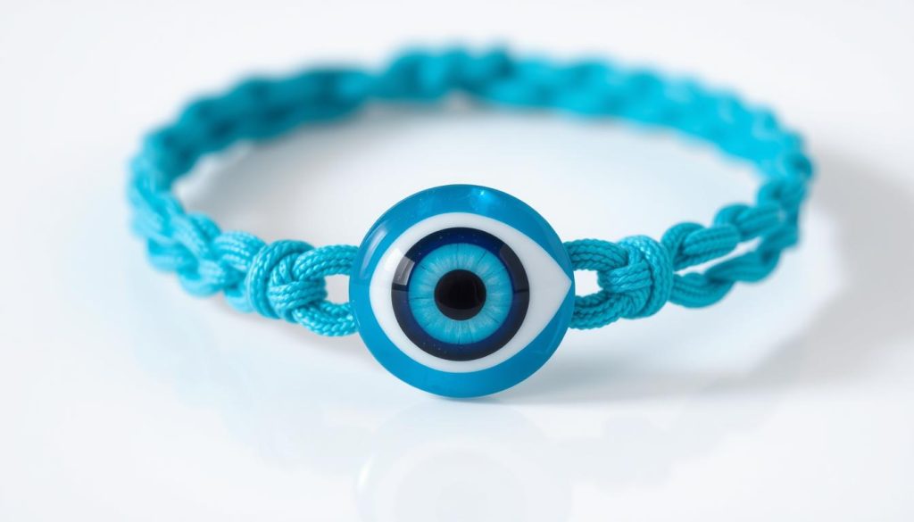 A close-up, high-resolution photograph of a turquoise blue Turkish evil eye bracelet, shot against a clean white background. The bracelet is made of high-quality, braided cord with a prominent glass or resin eye charm at the center. The charm has a deep, mesmerizing gaze, with concentric rings of dark blue, light blue, and white. The bracelet lies on a reflective surface, creating a subtle shadow underneath. The lighting is soft and diffused, accentuating the vivid colors and textures of the bracelet. The overall composition is balanced and centered, allowing the viewer to focus on the intricate details and inherent beauty of this traditional Turkish talisman.