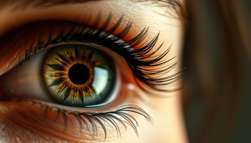 A close-up, hyper-detailed portrait of a vibrant, alluring "ojo turco" (Turkish eye). In the foreground, the striking iris in shades of green, gold, and brown, with intricate patterns and flecks of color. The pupil is large and captivating, drawing the viewer in. The eyelashes are thick and lush, framing the eye with a seductive gaze. In the middle ground, the skin around the eye is smooth and flawless, with a healthy, luminous glow. The lighting is soft and diffused, creating subtle shadows that accentuate the depth and dimension of the eye. The background is blurred and hazy, allowing the eye to be the sole focus of attention. The overall mood is one of enchantment, mystery, and allure, capturing the essence of the "ojo turco" in a visually striking and captivating manner.