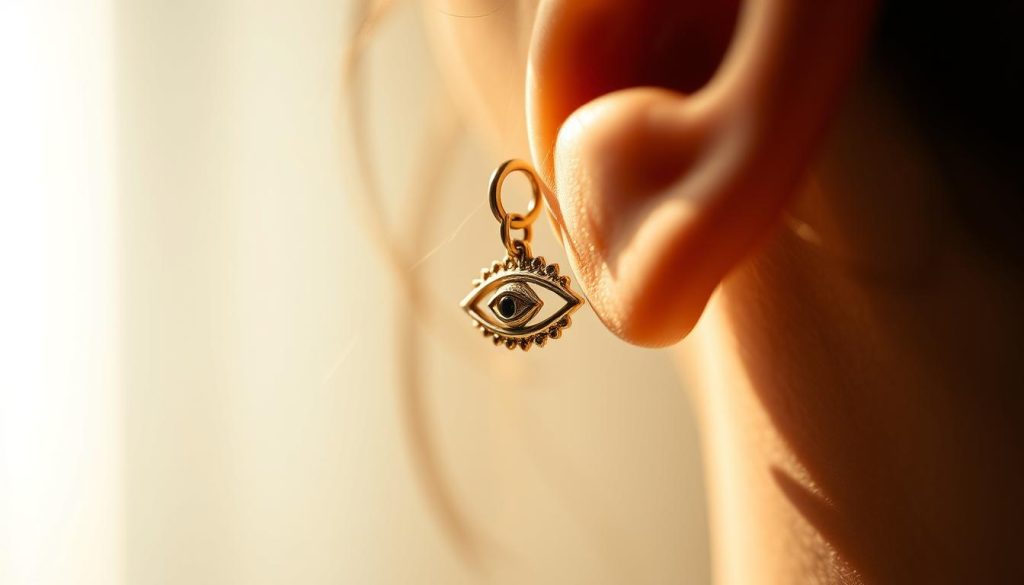 A close-up of a delicate ear cuff in a warm metallic tone, adorned with a detailed eye-shaped charm that catches the light. The cuff is elegantly poised against a soft, blurred background, conveying a sense of sophistication and ready to be gifted. Subtle shadows and highlights accentuate the intricate design, while the overall composition suggests an air of mystery and cultural significance. The lighting is diffused and flattering, creating a sense of depth and drama. Captured with a high-quality lens, this image exudes a sense of luxury and thoughtfulness, perfectly aligning with the "Compra segura y regalo listo hoy" section. A close-up of a delicate ear cuff in a warm metallic tone, adorned with a detailed eye-shaped charm that catches the light. The cuff is elegantly poised against a soft, blurred background, conveying a sense of sophistication and ready to be gifted. Subtle shadows and highlights accentuate the intricate design, while the overall composition suggests an air of mystery and cultural significance. The lighting is diffused and flattering, creating a sense of depth and drama. Captured with a high-quality lens, this image exudes a sense of luxury and thoughtfulness, perfectly aligning with the "Compra segura y regalo listo hoy" section.