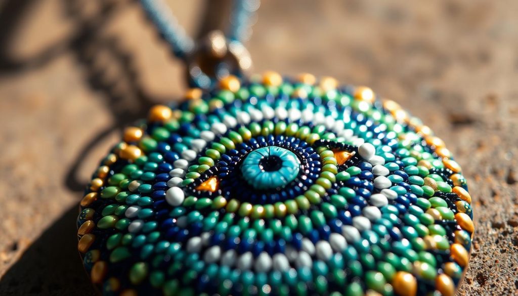 A close-up of a vibrant, hand-crafted Turkish eye amulet, captured in natural lighting. The amulet's intricate beadwork is showcased, with a range of colors including deep blues, greens, and golds, creating a mesmerizing textural pattern. The focal point is the central eye symbol, rendered with precise details and a sense of depth, evoking the protective power and spiritual significance of this traditional design. The background is slightly blurred, allowing the amulet to stand out prominently, emphasizing its handmade quality and artisanal craftsmanship. The overall mood is one of captivating elegance and cultural heritage.