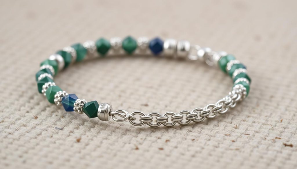 A close-up photograph of a delicate silver bracelet, crafted with the hallmark "ley 925" (925 silver fineness) engraved on the clasp. The bracelet is designed with intricate beads, each one a unique shade of blue, green, and white, arranged in a visually striking pattern. The lighting is soft and diffused, highlighting the lustrous sheen of the precious metal. The bracelet is positioned on a neutral, textured background, allowing the craftsmanship and materials to take center stage. The overall composition emphasizes the quality, elegance, and cultural significance of this traditional friendship bracelet.