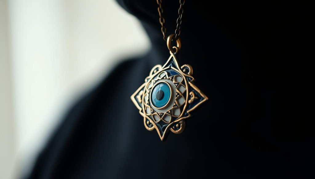 A close-up portrait of a Turkish evil eye amulet necklace, shot with a professional camera lens against a soft, blurred background. The amulet features intricate details and vibrant shades of blue, white, and gold, capturing the talisman's mystical allure. Soft, directional lighting illuminates the pendant, creating depth and dimension. The composition emphasizes the necklace's elegant silhouette, showcasing its potential to serve as a versatile, stylish accessory that provides everyday protection.