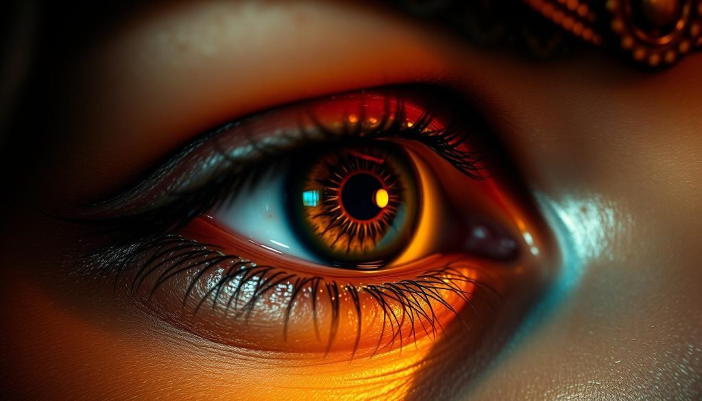 A close-up portrait of a vibrant, Turkish-inspired eye. The eye is rendered in a painterly, semi-realistic style with intricate details in the iris and eyelid. The eye is set against a softly blurred, warm-toned background, creating a sense of depth and focus on the subject. The lighting is dramatic, with a chiaroscuro effect that accentuates the contours and shadows of the eye, adding depth and dimensionality. The palette features a rich, earthy color scheme with hints of gold and turquoise, reflecting the cultural influences. The overall mood is contemplative and evocative, inviting the viewer to explore the artistry and symbolism of the Turkish eye design.
