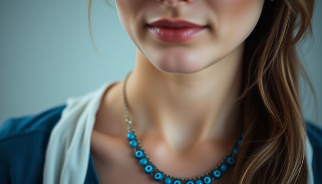 A close-up portrait of a woman wearing a blue Turkish eye necklace, captured in a soft, diffused lighting setup. The necklace is the focal point, featuring intricate detailing and a vibrant blue hue. The background is blurred, creating a sense of depth and emphasis on the jewelry. The woman's expression is calm and contemplative, highlighting the thoughtful, layered styling of the necklace. The image conveys a sense of elegance, subtlety, and the power of accessorizing to draw attention to a statement piece. A close-up portrait of a woman wearing a blue Turkish eye necklace, captured in a soft, diffused lighting setup. The necklace is the focal point, featuring intricate detailing and a vibrant blue hue. The background is blurred, creating a sense of depth and emphasis on the jewelry. The woman's expression is calm and contemplative, highlighting the thoughtful, layered styling of the necklace. The image conveys a sense of elegance, subtlety, and the power of accessorizing to draw attention to a statement piece.