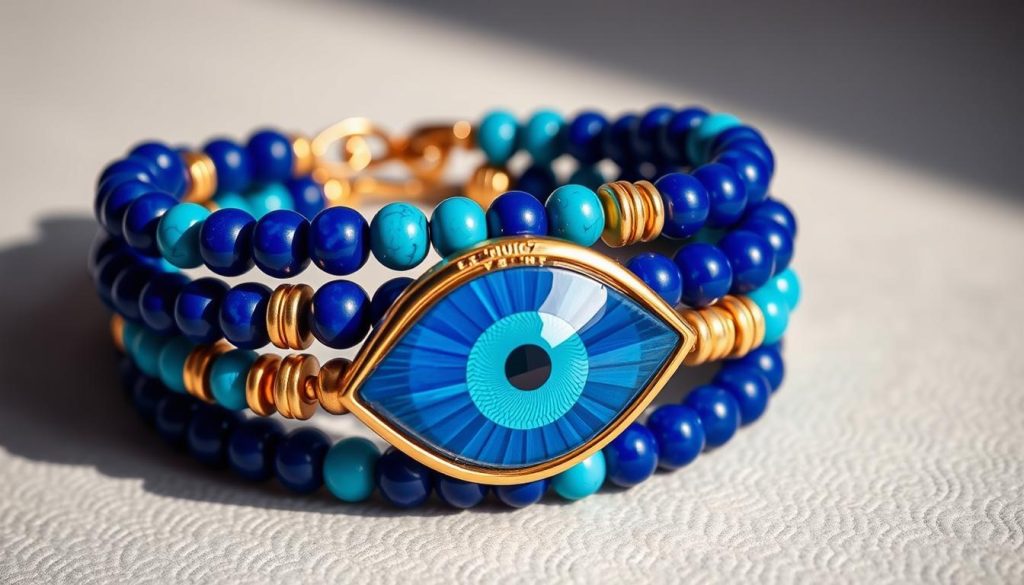 A close-up shot of a layered, intricately-designed Turkish evil eye bracelet, or "pulsera ojo". The bracelet is made of alternating beads of cobalt blue, turquoise, and gold, forming a repeating pattern. The centerpiece is a large, bold evil eye pendant in shades of blue, rimmed with gold. The bracelet rests on a neutral background, allowing the craftsmanship and vibrant colors to take center stage. Soft, directional lighting highlights the textural details and casts gentle shadows, creating an elegant, high-fashion aesthetic. The overall composition emphasizes the bracelet's sculptural, stackable design and its potential to be worn alone or layered with other accessories. A close-up shot of a layered, intricately-designed Turkish evil eye bracelet, or "pulsera ojo". The bracelet is made of alternating beads of cobalt blue, turquoise, and gold, forming a repeating pattern. The centerpiece is a large, bold evil eye pendant in shades of blue, rimmed with gold. The bracelet rests on a neutral background, allowing the craftsmanship and vibrant colors to take center stage. Soft, directional lighting highlights the textural details and casts gentle shadows, creating an elegant, high-fashion aesthetic. The overall composition emphasizes the bracelet's sculptural, stackable design and its potential to be worn alone or layered with other accessories.