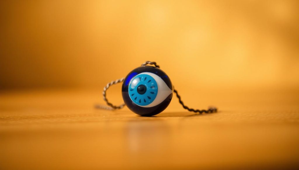 A close-up shot of a traditional Turkish evil eye amulet, or "ojo turco", against a serene, warm-toned background. The amulet is a decorative glass bead in shades of blue, white, and black, capturing the iconic eye-shaped design. The lighting is soft and diffused, creating a calming, spiritual atmosphere. The composition places the amulet as the central focus, highlighting its symbolic significance without distracting elements. The overall aesthetic conveys a sense of thoughtful, non-superstitious appreciation for the cultural and spiritual meaning behind this traditional protective talisman.