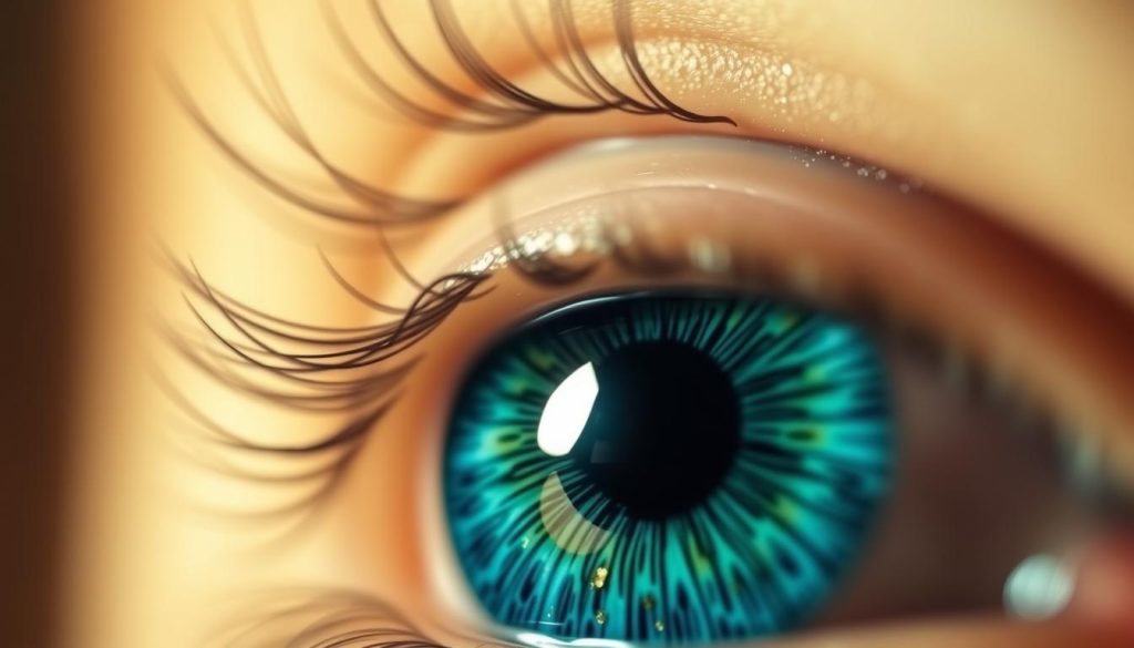 A close-up shot of a vibrant, almond-shaped "ojo turco" (Turkish eye) against a softly blurred, warm-toned background. The iris features a mesmerizing combination of blues, greens, and golden flecks, radiating an enigmatic, captivating gaze. Soft, directional lighting highlights the intricate patterns and textures of the eye, creating a sense of depth and dimension. The image evokes a sense of intrigue and mystery, drawing the viewer into the unique beauty and symbolism of this traditional Turkish cultural motif.