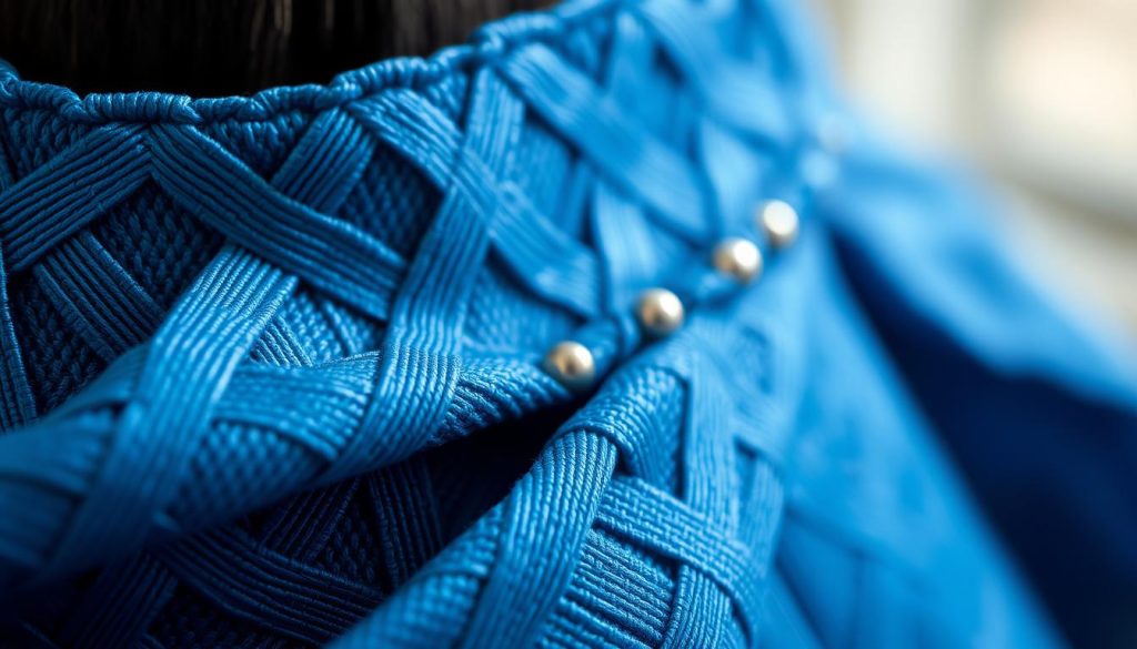 A close-up shot of a vibrant blue "collar ojo turco", showcasing its intricate woven pattern and shimmering metallic accents. The textured fabric flows gracefully, accentuated by soft, diffuse lighting that highlights the luxurious texture and depth of the design. The collar is positioned prominently in the frame, drawing the viewer's eye to its captivating details - the intersecting geometric shapes, the subtle sheen of the threads, and the overall sense of craftsmanship and elegance. The background is slightly blurred, allowing the focal point to remain the stunning blue "collar ojo turco" and its mesmerizing visual appeal. A close-up shot of a vibrant blue "collar ojo turco", showcasing its intricate woven pattern and shimmering metallic accents. The textured fabric flows gracefully, accentuated by soft, diffuse lighting that highlights the luxurious texture and depth of the design. The collar is positioned prominently in the frame, drawing the viewer's eye to its captivating details - the intersecting geometric shapes, the subtle sheen of the threads, and the overall sense of craftsmanship and elegance. The background is slightly blurred, allowing the focal point to remain the stunning blue "collar ojo turco" and its mesmerizing visual appeal.