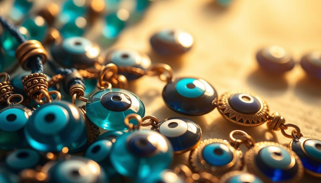 A close-up shot of intricate Turkish evil eye charms, their vibrant blues and teals catching the warm, diffused light. The beads and pendants are arranged in an artful, asymmetric pattern, creating a sense of effortless elegance. Subtle textures and shadows accentuate the tactile quality of the materials, whether polished glass, woven threads, or hammered metal. The composition draws the viewer's eye to appreciate the small yet meaningful details that elevate this traditional accessory. A serene, meditative atmosphere pervades the scene, inviting contemplation of the timeless craft and symbolic significance of these captivating adornments.