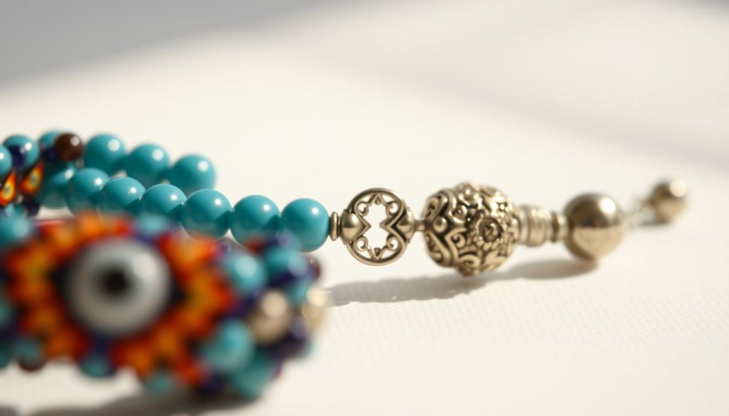 A close-up view of a Turkish eye bracelet, showcasing its intricate details. The foreground features the beaded pattern, with each bead rendered in stunning detail, capturing the vibrant colors and textures. The middle ground highlights the delicate metal clasp, with a focus on its ornate design and polished finish. The background is softly blurred, creating a sense of depth and emphasis on the bracelet's craftsmanship. The lighting is natural and diffused, casting gentle shadows that accentuate the dimensional qualities of the accessory. The overall mood is one of elegance and sophistication, inviting the viewer to appreciate the beauty and heritage of this classic Turkish jewelry piece.