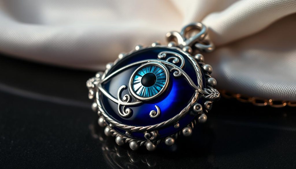 A close-up view of a beautiful and intricate "ojo turco" (Turkish eye) amulet, its deep blue surface adorned with a delicate silver design. The amulet is set against a softly lit, elegant background, creating an atmosphere of daily protection and sophistication. The lighting casts gentle shadows, highlighting the depth and texture of the silver elements. The composition is balanced, with the amulet positioned centrally, commanding attention. The overall mood is one of tranquility, allure, and the timeless appeal of this traditional talisman.