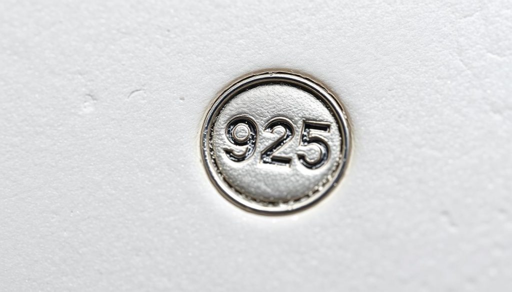 A close-up view of a sterling silver 925 hallmark stamped on a delicate, polished silver surface. The hallmark is crisp and clear, surrounded by a soft, even lighting that accentuates the metallic sheen. The image has a clean, minimalist composition, with the hallmark as the central focus, allowing the viewer to appreciate the quality and authenticity of the material. The overall tone is one of elegance, sophistication, and attention to detail, reflecting the high-end nature of the Turkish eye stud earrings featured in the article.