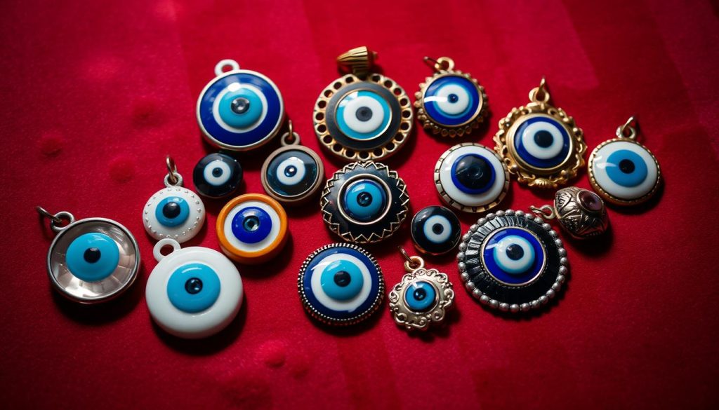 A collection of intricately carved Turkish evil eye amulets, or "ojo turco", resting on a plush, rose-colored velvet surface. The amulets are crafted from a variety of materials, including glass, ceramic, and metal, each featuring the distinctive concentric blue and white circles that symbolize protection, love, and good fortune. The pieces are arranged in a visually appealing, symmetrical composition, with varying sizes and shapes creating depth and visual interest. Soft, diffused lighting casts gentle shadows, highlighting the intricate details and textures of the amulets. The overall mood is one of serenity, elegance, and the timeless allure of this traditional Turkish talisman.