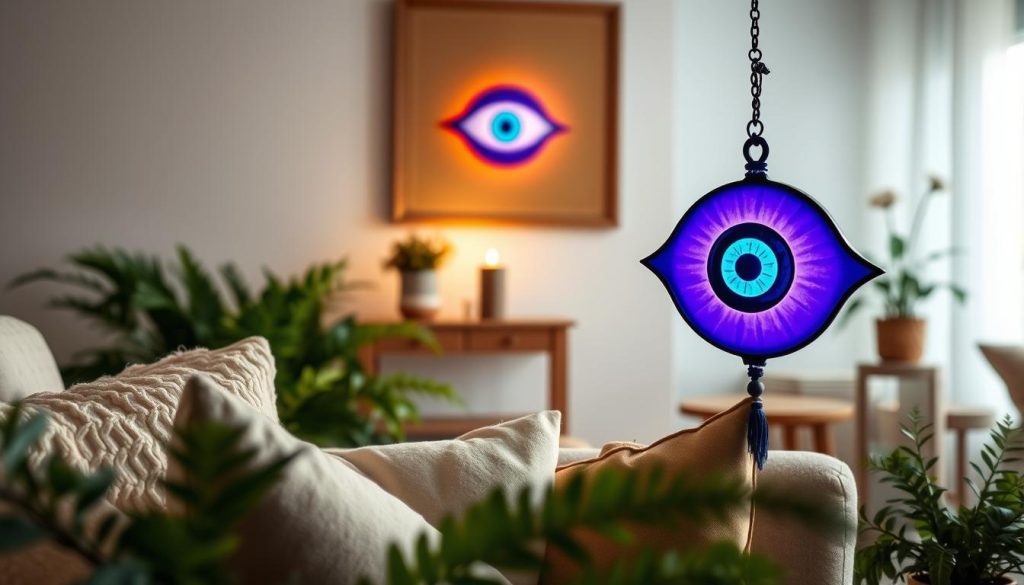 A cozy and welcoming home scene, with a prominent purple Turkish eye charm hanging on the wall, casting a warm, protective glow. In the foreground, plush pillows, lush houseplants, and a decorative candle add a sense of tranquility. The middle ground features a wooden side table with a small bowl of dried flowers, complemented by soft, indirect lighting. The background showcases a tasteful, minimalist interior design, with neutral tones and natural materials creating a serene and calming atmosphere. The Turkish eye charm stands as a symbol of wisdom and safety, guarding the home and its inhabitants.