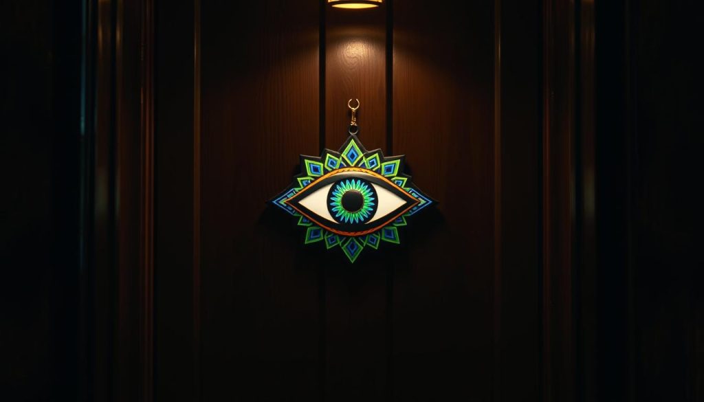 A cozy, well-lit entrance adorned with a vibrant Turkish eye amulet. The eye is prominently displayed in the center, its intricate patterns and vibrant blues, greens, and gold hues commanding attention. The amulet is hung on a dark wooden wall, creating a warm and inviting atmosphere. Soft, diffused lighting illuminates the scene, casting gentle shadows and highlighting the dimensional details of the eye. The overall composition is balanced, with the eye's placement guiding the viewer's gaze inward, conveying a sense of protection and spiritual guidance. The scene evokes a welcoming, mystical ambiance, perfectly suited to the article's focus on the optimal placement of a Turkish eye within a home's entryway.