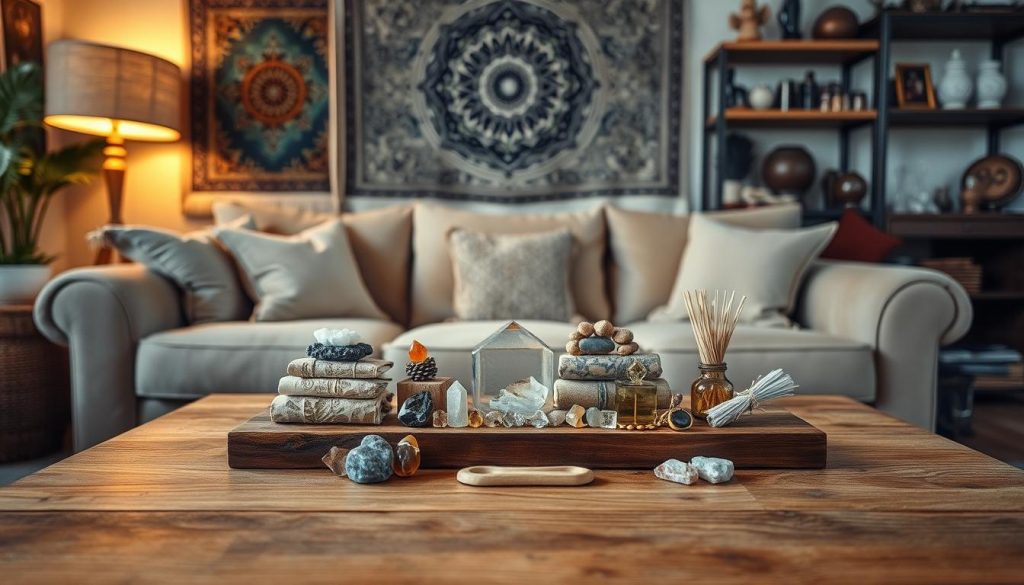 A cozy, well-lit living room setting, with a solid wooden table in the foreground. On the table, an assortment of protective talismans, crystals, and sage bundles are neatly arranged in a stacking formation, creating a layered, harmonious display. Soft, warm lighting illuminates the scene, casting a gentle glow on the mystical objects. In the middle ground, a plush, neutral-toned sofa provides a comforting backdrop, while the background features a wall adorned with intricate tapestries and shelves housing an array of spiritual artifacts. The overall atmosphere is one of serenity, protection, and a touch of the mystical.