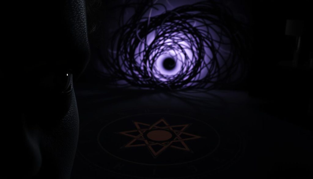A dark and foreboding scene, capturing the essence of "mal ojo" or the evil eye. In the foreground, a sinister eye peers out from a shadowy face, its gaze piercing and intense. The middle ground features a intricate pattern of symbols and talismans, woven together to ward off the malevolent influence. In the background, a swirling vortex of dark energy, tendrils of black and purple emanating from the center. Dramatic lighting casts deep shadows, creating a sense of unease and trepidation. The overall atmosphere is one of mysticism, superstition, and the unseen forces that threaten to disrupt the natural order.