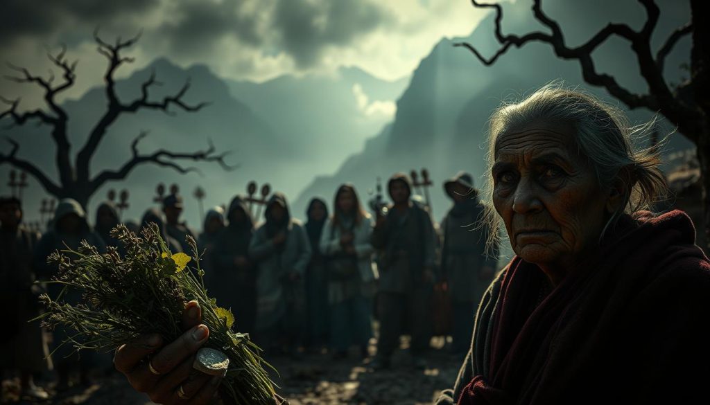 A dark, mystical scene depicting the origins of the "mal ojo" or "evil eye" curse. In the foreground, an elderly woman with a weathered, intensely focused gaze holds a bundle of herbs and talismans. Shadows cast across her wrinkled face, conveying an aura of ancient power. In the middle ground, a group of villagers gather anxiously, their expressions a mix of fear and superstition. The background is shrouded in mist, with the silhouettes of towering mountains and gnarled, twisted trees creating a foreboding atmosphere. Dramatic chiaroscuro lighting casts dramatic shadows, emphasizing the esoteric, otherworldly nature of the ritual. The overall mood is one of deep-rooted cultural beliefs, mysticism, and the enduring power of the "mal ojo" legend.