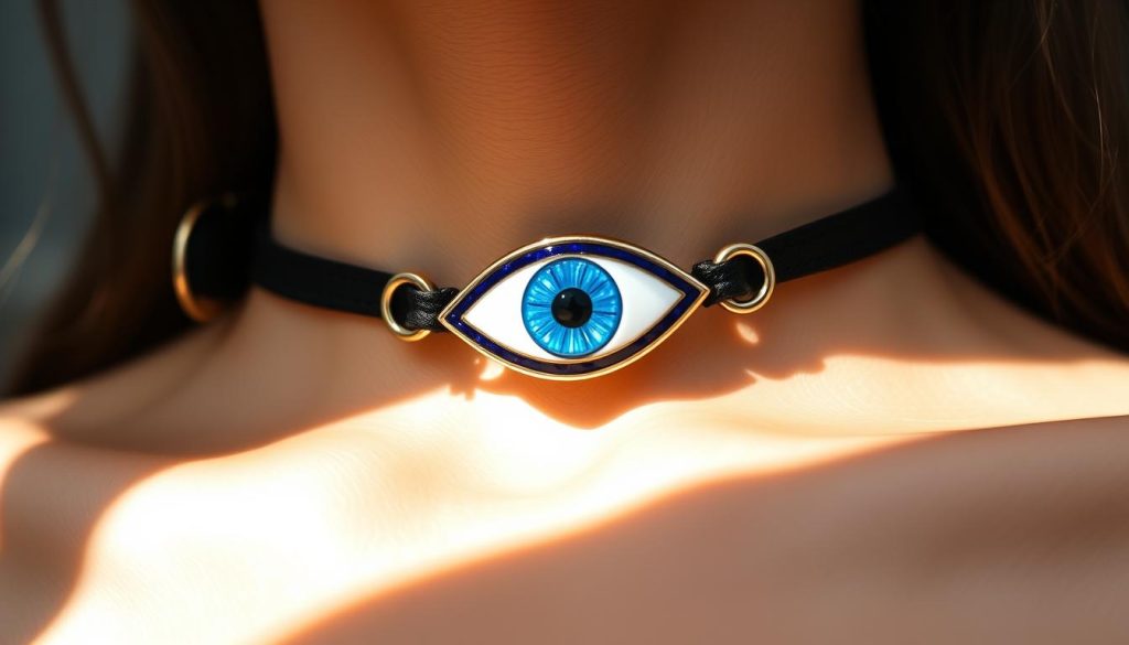 A delicate Turkish evil eye choker necklace, crafted from luxurious materials. The centerpiece is a vibrant, meticulously detailed eye motif in shades of blue and white, capturing the mystic energy of the ancient talisman. The choker band is made of supple black leather, adjustable with a buckle closure for a comfortable, customized fit. Subtle gold-tone accents along the edges add a touch of elegant refinement. The lighting is soft and flattering, highlighting the choker's intricate textures and colors. Captured at a medium close-up angle, allowing the viewer to appreciate the choker's thoughtful design and craftsmanship. A delicate Turkish evil eye choker necklace, crafted from luxurious materials. The centerpiece is a vibrant, meticulously detailed eye motif in shades of blue and white, capturing the mystic energy of the ancient talisman. The choker band is made of supple black leather, adjustable with a buckle closure for a comfortable, customized fit. Subtle gold-tone accents along the edges add a touch of elegant refinement. The lighting is soft and flattering, highlighting the choker's intricate textures and colors. Captured at a medium close-up angle, allowing the viewer to appreciate the choker's thoughtful design and craftsmanship.