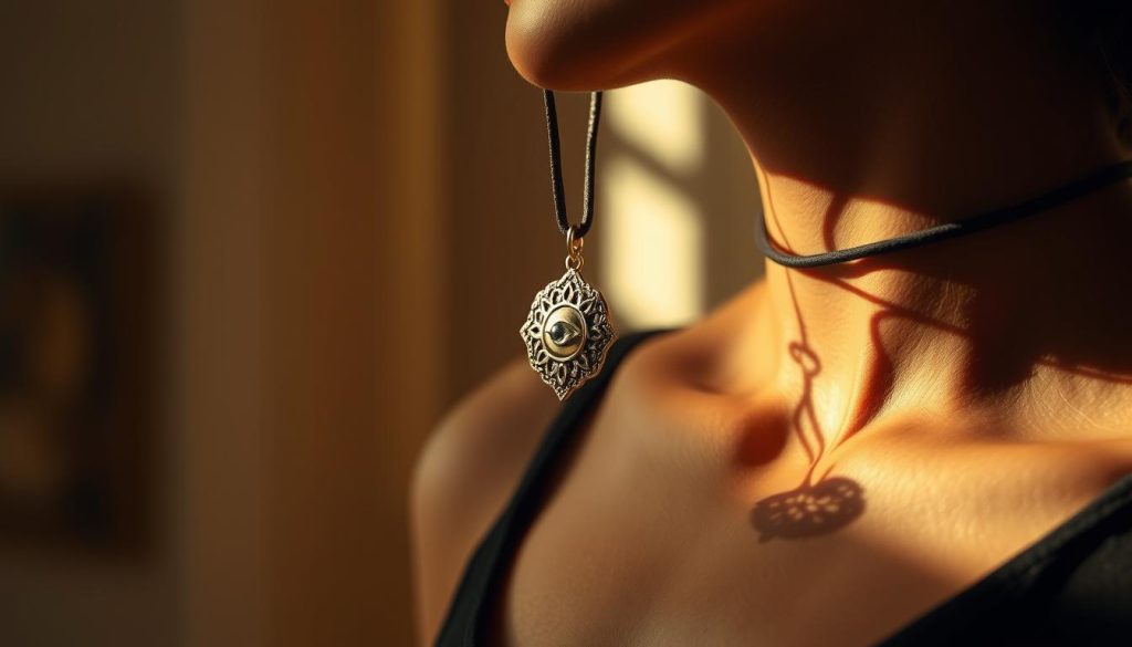 A delicate Turkish eye-shaped pendant glistens in the soft afternoon light, its intricate metalwork casting a mesmerizing shadow on a smooth leather cord. The pendant sways gently as the model tilts their head, the movement creating a captivating interplay of light and shadow. The background is a serene, warm-toned interior, with the pendant taking center stage, effortlessly transitioning from day to night wear. The lighting is carefully crafted, highlighting the pendant's intricate details and the model's elegant poise, conveying a sense of timeless sophistication.