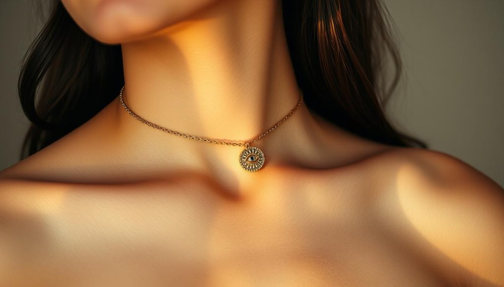 A delicate and mesmerizing collar necklace, featuring the captivating "eye of the Turk" charm. The pendant's intricate metalwork casts a warm, golden glow, accentuated by soft, diffused lighting that bathes the scene in an elegant, romantic ambiance. The necklace rests gracefully against the model's slender neck, complementing the graceful lines of their collarbones. The background is a subtly blurred, neutral palette, allowing the necklace to take center stage and command attention. This harmonious composition showcases the pendant's alluring charm, inviting the viewer to envision how this piece could elevate and complete a stylish, modern look. A delicate and mesmerizing collar necklace, featuring the captivating "eye of the Turk" charm. The pendant's intricate metalwork casts a warm, golden glow, accentuated by soft, diffused lighting that bathes the scene in an elegant, romantic ambiance. The necklace rests gracefully against the model's slender neck, complementing the graceful lines of their collarbones. The background is a subtly blurred, neutral palette, allowing the necklace to take center stage and command attention. This harmonious composition showcases the pendant's alluring charm, inviting the viewer to envision how this piece could elevate and complete a stylish, modern look.