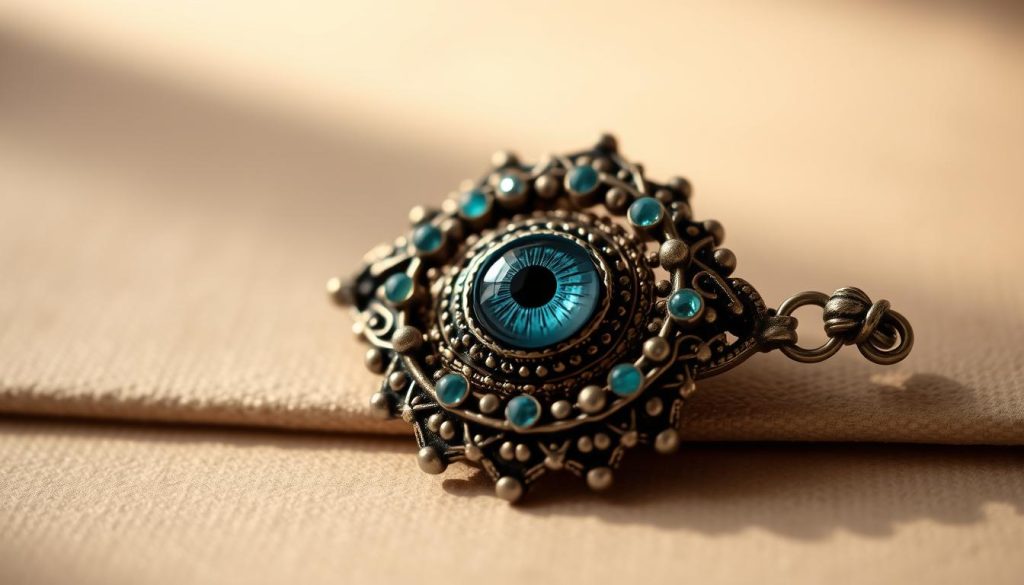 A delicate and ornate Turkish eye amulet, crafted with intricate details. The central eye is encircled by a ring of metallic filigree, adorned with shimmering jewel-toned beads and accents. The background features a soft, diffused lighting, casting a warm glow that highlights the textured and layered design. The amulet is showcased on a plain, neutral-toned surface, allowing the intricate craftsmanship to be the sole focus. The overall composition exudes a sense of cultural heritage, elegance, and mystique, perfectly complementing the section's theme of integrating Turkish eye jewelry into personal style. A delicate and ornate Turkish eye amulet, crafted with intricate details. The central eye is encircled by a ring of metallic filigree, adorned with shimmering jewel-toned beads and accents. The background features a soft, diffused lighting, casting a warm glow that highlights the textured and layered design. The amulet is showcased on a plain, neutral-toned surface, allowing the intricate craftsmanship to be the sole focus. The overall composition exudes a sense of cultural heritage, elegance, and mystique, perfectly complementing the section's theme of integrating Turkish eye jewelry into personal style.