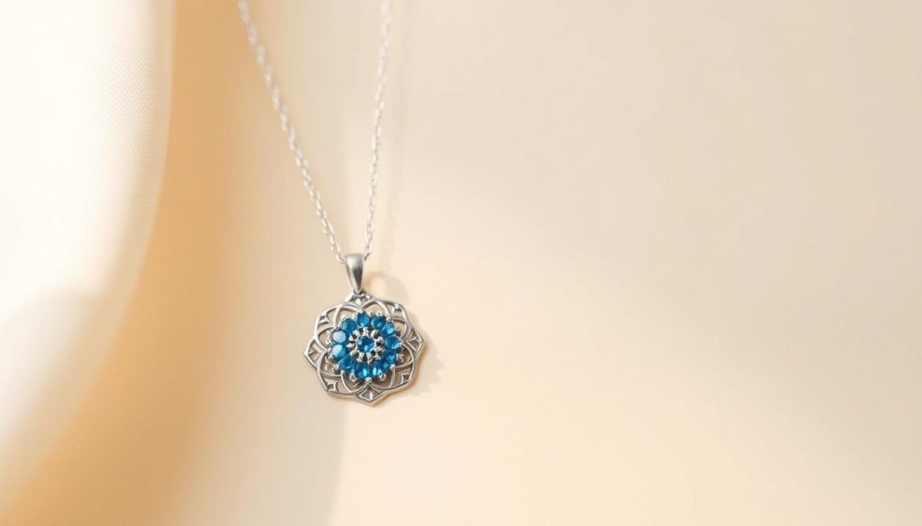 A delicate blue pendant, crafted with intricate elegance, rests gracefully against a soft cream-colored background. The pendant's intricate filigree design shimmers subtly, catching the gentle warm light that bathes the scene. The necklace's chain appears to be a fine, polished silver, adding a touch of understated luxury. The overall composition exudes a sense of timeless sophistication, perfect for daily wear. The image conveys a calming, refined atmosphere, reflecting the essence of "Protección azul, elegancia diaria" as described in the article section. A delicate blue pendant, crafted with intricate elegance, rests gracefully against a soft cream-colored background. The pendant's intricate filigree design shimmers subtly, catching the gentle warm light that bathes the scene. The necklace's chain appears to be a fine, polished silver, adding a touch of understated luxury. The overall composition exudes a sense of timeless sophistication, perfect for daily wear. The image conveys a calming, refined atmosphere, reflecting the essence of "Protección azul, elegancia diaria" as described in the article section.
