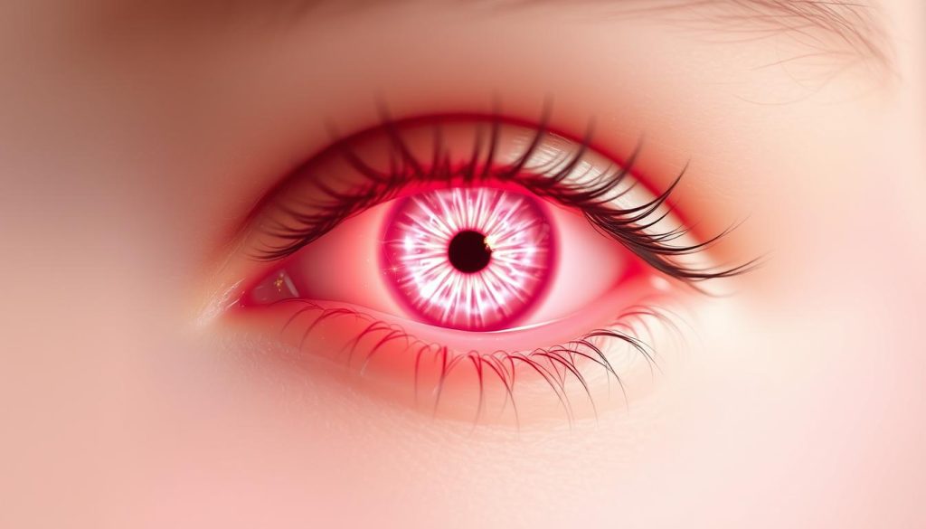 A delicate, ethereal pink eye, imbued with a sense of mystical power and spiritual connection. Soft lighting illuminates the iris, rendering it a gentle rose hue, radiating warmth and compassion. The eye is set against a tranquil, pastel-toned background, evoking a serene, contemplative atmosphere. Subtle details, such as intricate patterns or flecks of gold, hint at the deeper symbolic meaning of this sacred symbol. The composition is balanced and harmonious, capturing the essence of emotional growth, inner peace, and the profound bond between the self and the divine.
