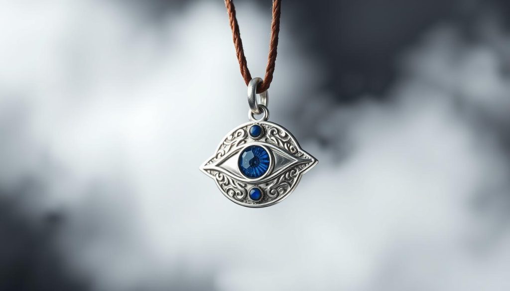 A delicate, eye-shaped Turkish amulet pendant, cast in gleaming silver with intricate engravings and inlaid lapis lazuli accents. The pendant is suspended from a fine leather cord, ready to be gifted or worn for daily protection. The amulet appears to float in a hazy, ethereal backdrop, softly lit from above to highlight its elegant, mystical qualities. The composition emphasizes the amulet's harmonious design and sacred symbolism, capturing the essence of the "regalar ojo turco" as a thoughtful, meaningful gift.