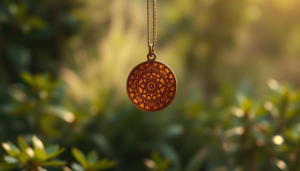 A delicate hand-crafted amulet floats in the center, intricate symbols and talismans adorning its surface. Soft, diffused lighting casts a warm, mystical glow, accentuating the amulet's ornate details. In the background, a lush, verdant scene unfolds, hinting at the natural, earthy origins of this protective charm. The overall atmosphere is one of elegance, spirituality, and the power of traditional cultural practices to ward off the "mal ojo" - the evil eye.