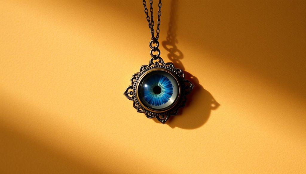 A delicate, intricately crafted Turkish eye pendant, hanging gracefully against a warm, earthy background. The eye, rendered in rich blues and golds, is set in an ornate, filigree-like metal frame, casting subtle shadows on the smooth, neutral surface behind it. Soft, diffused lighting illuminates the pendant, giving it an aura of mysticism and allure. The image conveys a sense of cultural heritage, sophistication, and the enchanting power of this ancient talisman, inviting the viewer to consider its symbolic significance and the trusted sources where it can be acquired with confidence.