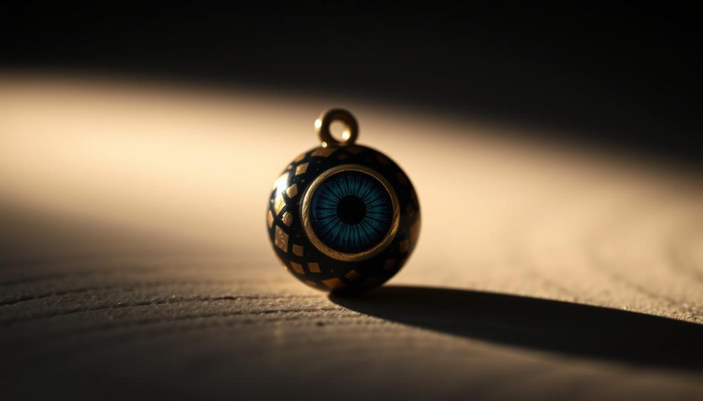 A delicate, intricately patterned Turkish evil eye bead, captured in exquisite detail. The foreground features the central eye motif, its deep hues and concentric circles radiating an otherworldly, protective energy. The middle ground showcases the bead's lustrous surface, with subtle variations in color and texture that catch the light. In the background, a soft, diffused glow emanates, creating a serene, contemplative atmosphere. Dramatic chiaroscuro lighting accentuates the dimensional quality of the bead, casting dramatic shadows that enhance the mystical, talismanic nature of the subject. Captured with a shallow depth of field, the viewer's attention is focused solely on the captivating Turkish eye charm.