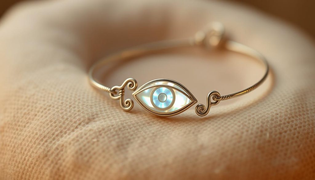 A delicate, iridescent "ojo turco" bracelet resting on a soft, natural surface. The bracelet's focal point is a luminous, mother-of-pearl eye charm, surrounded by intricate, swirling patterns etched in metal. The lighting is warm and diffused, highlighting the smooth, shimmering texture of the nacre. The overall composition is balanced and visually striking, conveying a sense of elegant simplicity. The image should capture the beauty and craftsmanship of this traditional Turkish jewelry piece, with a focus on the natural materials and artisanal details.