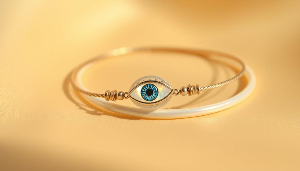 A delicate mother-of-pearl bracelet with a serene Turkish eye charm, resting gently on a soft, golden-hued surface. The charm's intricate details are illuminated by warm, natural lighting, casting a subtle, soothing glow. The bracelet is styled in an elegant, layered composition, showcasing its graceful silhouette. The overall scene exudes a sense of calm and timeless beauty, inviting the viewer to appreciate the refined craftsmanship and the symbolic significance of the Turkish eye talisman.