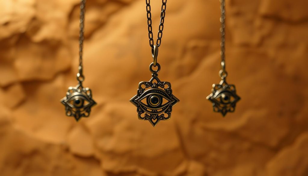 A delicate necklace with intricate, mystical "ojo turco" pendants dangles against a warm, earthy backdrop. The jewels shimmer under soft, diffuse lighting, casting gentle shadows that accentuate their ornate, symbolic designs. In the foreground, the centerpiece pendant takes focus, its hypnotic, eye-like motif radiating an ancient, protective energy. The overall composition evokes a sense of ritual, inviting the viewer to consider the talismanic power of these ornamental pieces as sacred adornments that shield the wearer from unseen forces. A delicate necklace with intricate, mystical "ojo turco" pendants dangles against a warm, earthy backdrop. The jewels shimmer under soft, diffuse lighting, casting gentle shadows that accentuate their ornate, symbolic designs. In the foreground, the centerpiece pendant takes focus, its hypnotic, eye-like motif radiating an ancient, protective energy. The overall composition evokes a sense of ritual, inviting the viewer to consider the talismanic power of these ornamental pieces as sacred adornments that shield the wearer from unseen forces.