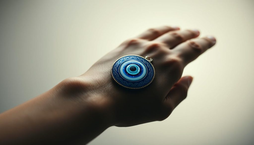 A delicate, ornate Turkish evil eye amulet resting on a human wrist. The amulet features intricate cobalt blue and white concentric circles, with a piercing central eye. The amulet casts a mystical, protective glow against a soft, diffused light. The wrist is positioned slightly tilted, with the amulet displayed prominently. The background is a serene, muted palette, allowing the amulet to be the focal point. The overall composition conveys a sense of ancient, esoteric power and spiritual safeguarding.
