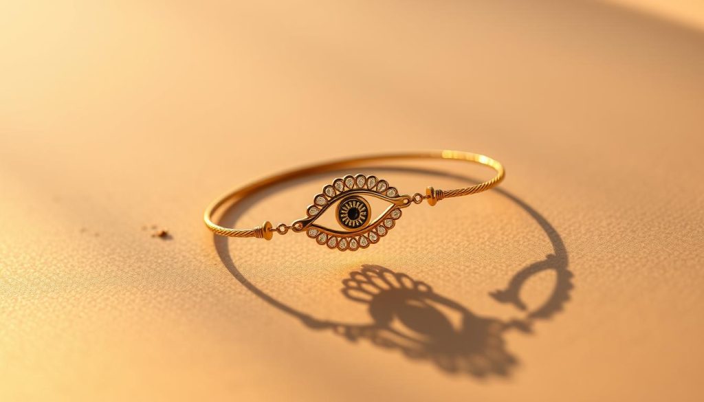 A delicate pulsera adorned with the mesmerizing eye motif, its intricate design capturing the essence of the Turkish evil eye charm. The bracelet rests gracefully on a subtly textured surface, bathed in warm, golden light that casts soft shadows, creating a serene, contemplative atmosphere. The eye, rendered with striking precision, appears to gaze outward, imbuing the piece with a sense of mystical protection. The pulsera's elegant silhouette and harmonious color palette evoke a timeless, artisanal quality, reflecting the rich cultural heritage it represents.