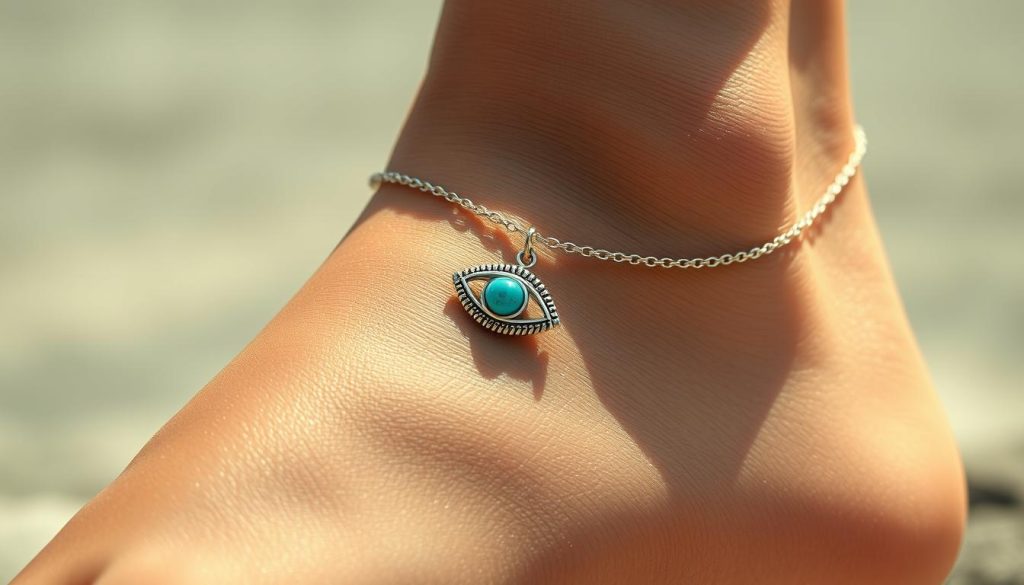 A delicate silver tobillera adorned with a captivating turquoise eye pendant, resting elegantly on a smooth, sun-kissed ankle. The ornament casts a warm, protective glow, illuminating the skin with a touch of mysticism. Captured in soft, diffused lighting that accentuates the intricate metalwork, the image conveys a sense of tranquility and spiritual fortitude. The background fades into a hazy, dreamlike realm, allowing the tobillera to take center stage and captivate the viewer with its alluring blend of tradition and modern style. A delicate silver tobillera adorned with a captivating turquoise eye pendant, resting elegantly on a smooth, sun-kissed ankle. The ornament casts a warm, protective glow, illuminating the skin with a touch of mysticism. Captured in soft, diffused lighting that accentuates the intricate metalwork, the image conveys a sense of tranquility and spiritual fortitude. The background fades into a hazy, dreamlike realm, allowing the tobillera to take center stage and captivate the viewer with its alluring blend of tradition and modern style.