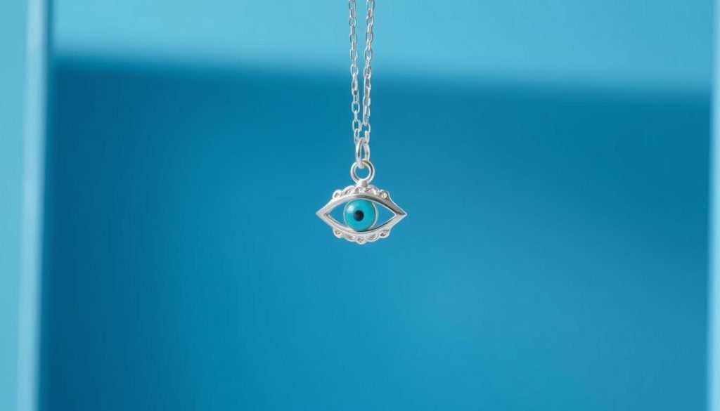 A delicate silver-toned pendant, its centerpiece a captivating turquoise-hued eye charm, suspended against a backdrop of cool azure hues. Soft, diffused lighting casts a subtle glow, highlighting the chic, minimalist design. The pendant hangs gracefully, its intricate details and smooth, polished finish complementing the refined elegance of the overall composition. The scene is framed by a clean, neutral environment, allowing the pendant to take center stage and exude a sense of timeless sophistication.
