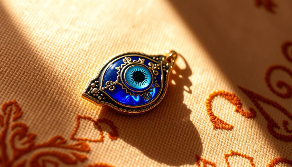 A delicately ornate Turkish evil eye amulet, the "ojo turco," rests gently on a textured, embroidered fabric surface. The amulet's cobalt blue and gold tones shimmer under warm, soft lighting, casting mesmerizing shadows that dance across the cloth. The design is intricate, with intricate patterns and symbols evoking ancient traditions and mystical protection. The image captures the amulet's captivating allure, inviting the viewer to appreciate its intricate craftsmanship and symbolic significance within the rich cultural context of the "ojo turco."